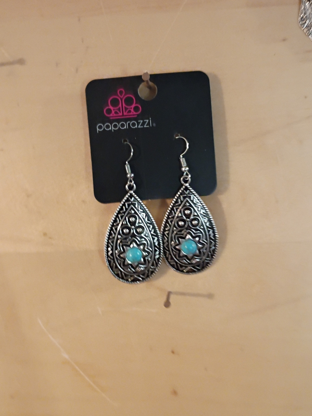 Paparazzi Silver Teardrop Earrings with Turquoise Stone